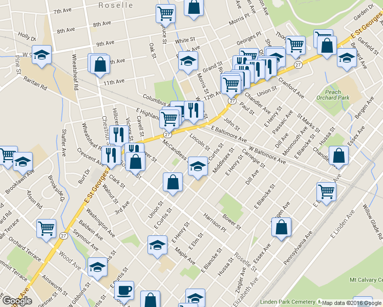 map of restaurants, bars, coffee shops, grocery stores, and more near 831 Cleveland Avenue in Linden