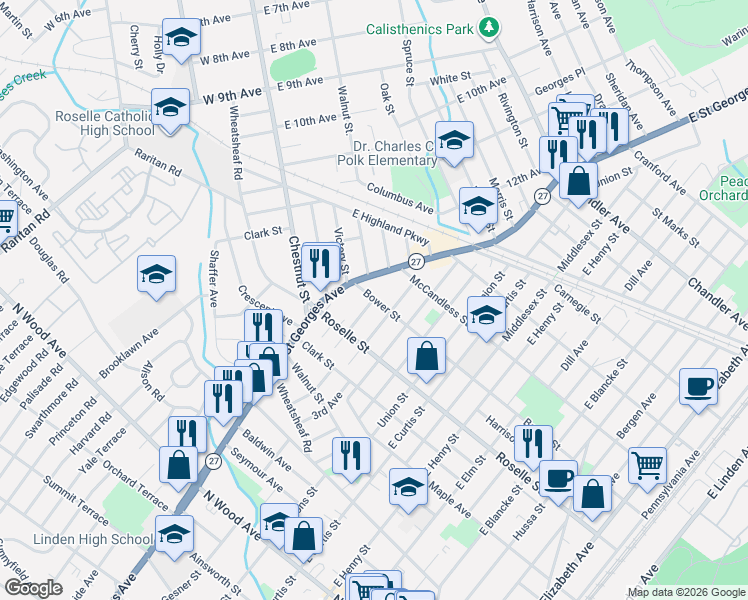 map of restaurants, bars, coffee shops, grocery stores, and more near 740 East Saint Georges Avenue in Linden