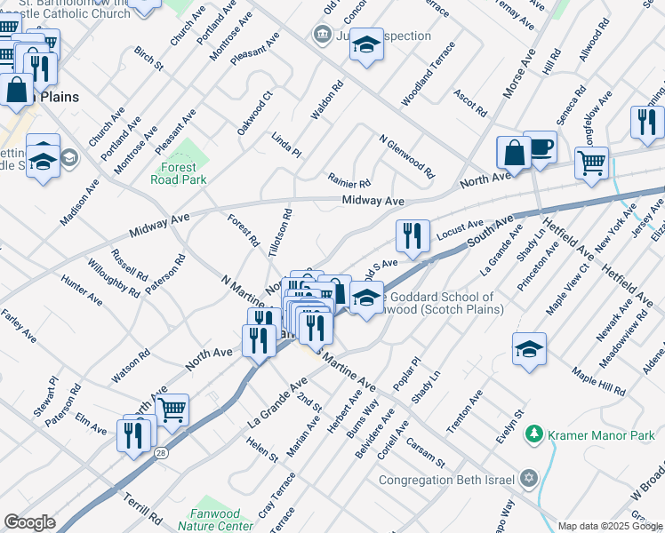 map of restaurants, bars, coffee shops, grocery stores, and more near 343 North Avenue in Fanwood