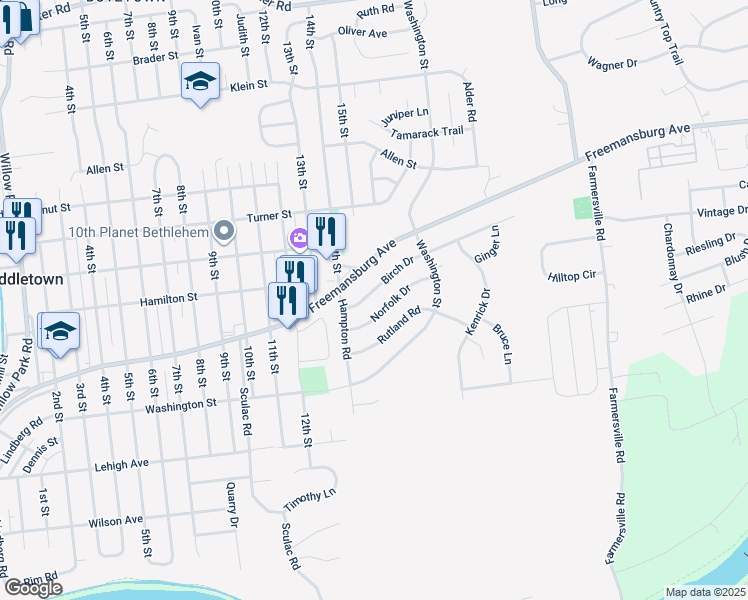 map of restaurants, bars, coffee shops, grocery stores, and more near 3934 Freemansburg Avenue in Bethlehem