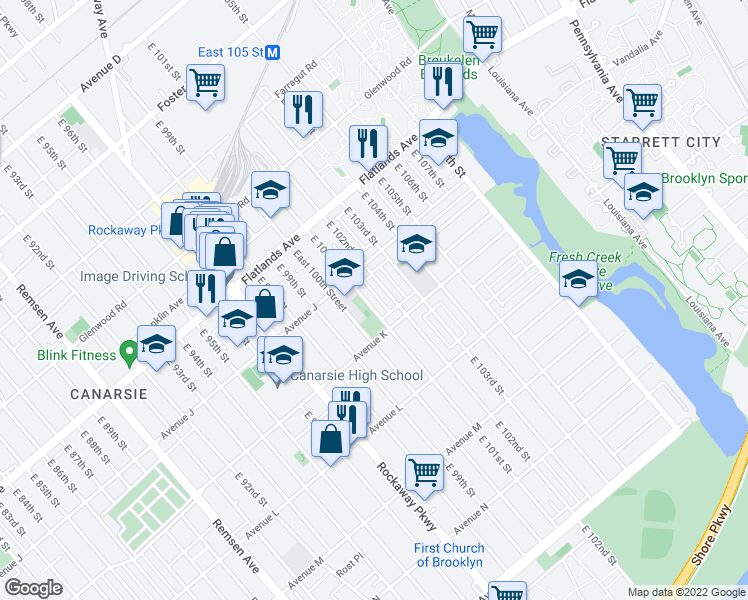 map of restaurants, bars, coffee shops, grocery stores, and more near 1023 East 102nd Street in Brooklyn