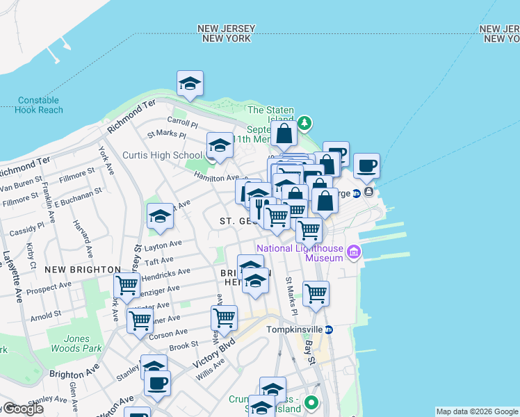 map of restaurants, bars, coffee shops, grocery stores, and more near 73 Wall Street in Staten Island