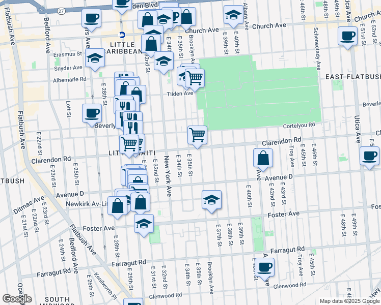 map of restaurants, bars, coffee shops, grocery stores, and more near 3502 Clarendon Road in Brooklyn