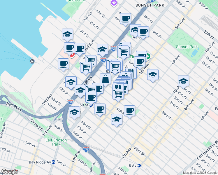 map of restaurants, bars, coffee shops, grocery stores, and more near 404B 54th Street in Brooklyn