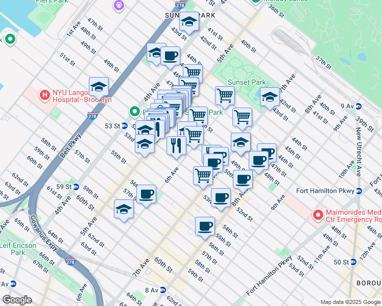 map of restaurants, bars, coffee shops, grocery stores, and more near 5017 6th Avenue in Brooklyn
