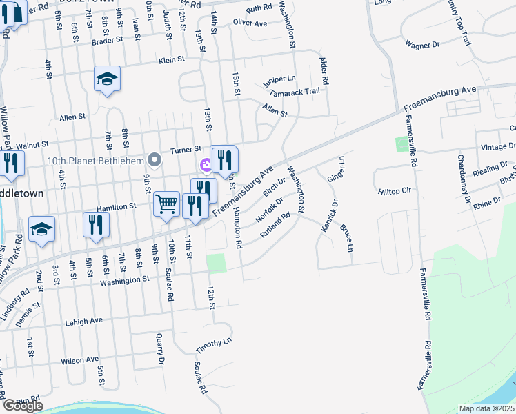map of restaurants, bars, coffee shops, grocery stores, and more near 3934 Freemansburg Avenue in Bethlehem