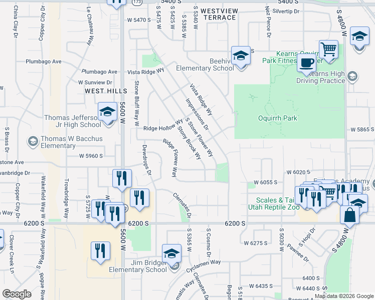 map of restaurants, bars, coffee shops, grocery stores, and more near 5365 Alpine Flower Circle in Kearns
