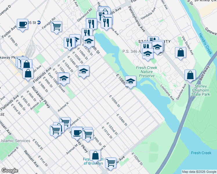 map of restaurants, bars, coffee shops, grocery stores, and more near 55 Flatlands 4th Street in Brooklyn