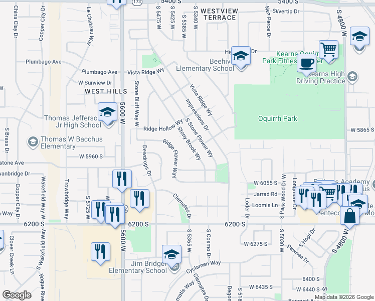 map of restaurants, bars, coffee shops, grocery stores, and more near 5365 Alpine Flower Circle in Kearns