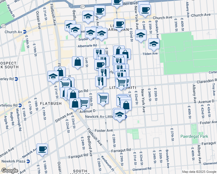 map of restaurants, bars, coffee shops, grocery stores, and more near 264 East 28th Street in Brooklyn