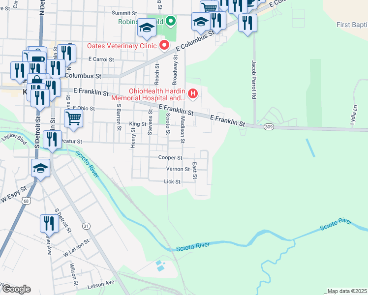 map of restaurants, bars, coffee shops, grocery stores, and more near 409 Madison Street in Kenton