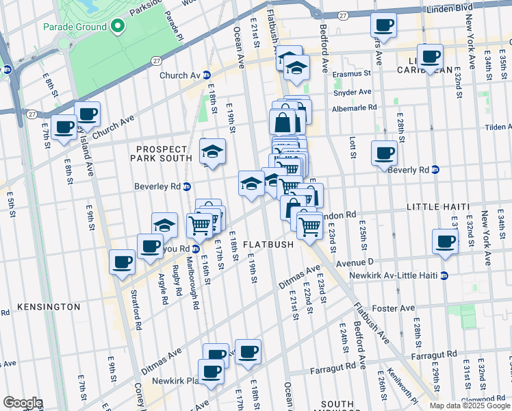 map of restaurants, bars, coffee shops, grocery stores, and more near 1921 Cortelyou Road in Brooklyn