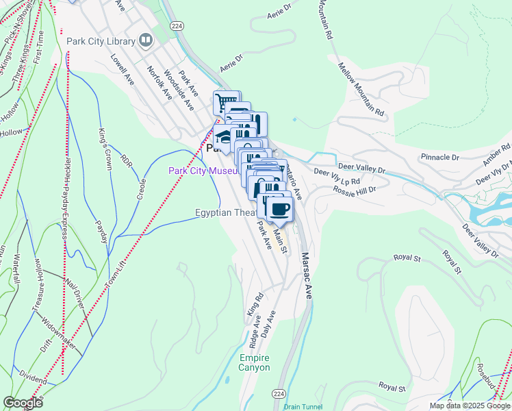 map of restaurants, bars, coffee shops, grocery stores, and more near 424 Park Avenue in Park City