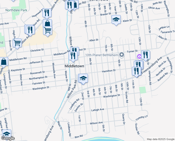 map of restaurants, bars, coffee shops, grocery stores, and more near 1908 3rd Street in Bethlehem