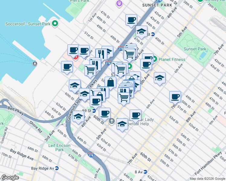 map of restaurants, bars, coffee shops, grocery stores, and more near 359 55th Street in Brooklyn