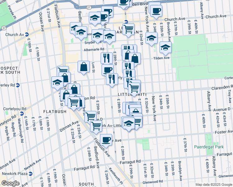 map of restaurants, bars, coffee shops, grocery stores, and more near 268 East 28th Street in Brooklyn