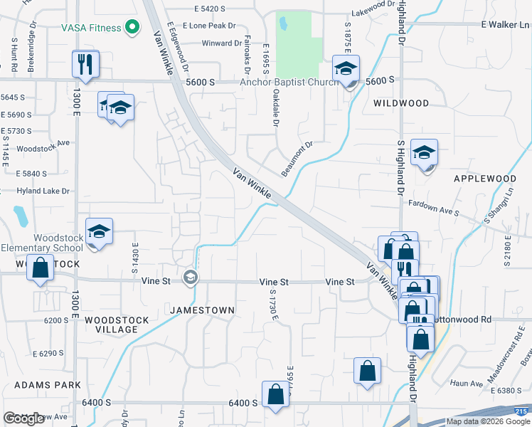 map of restaurants, bars, coffee shops, grocery stores, and more near 5988 Monte Carlo Drive in Murray