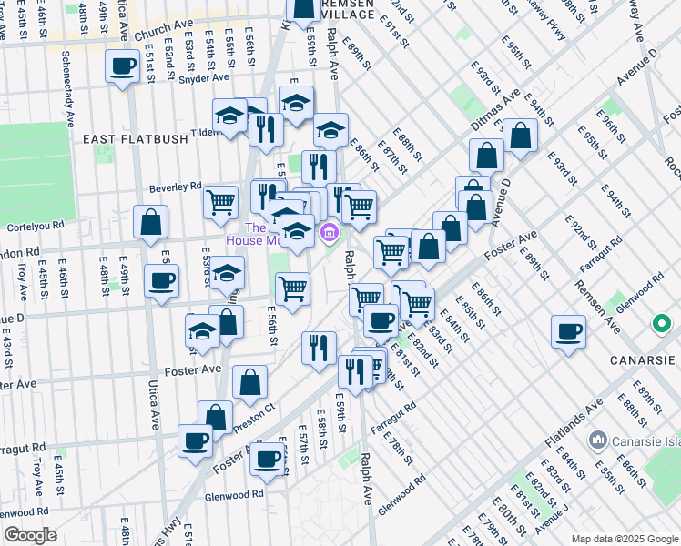 map of restaurants, bars, coffee shops, grocery stores, and more near 1338 Ralph Avenue in Brooklyn