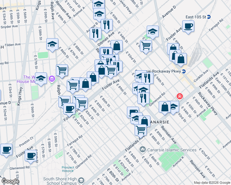 map of restaurants, bars, coffee shops, grocery stores, and more near 525 East 88th Street in Brooklyn