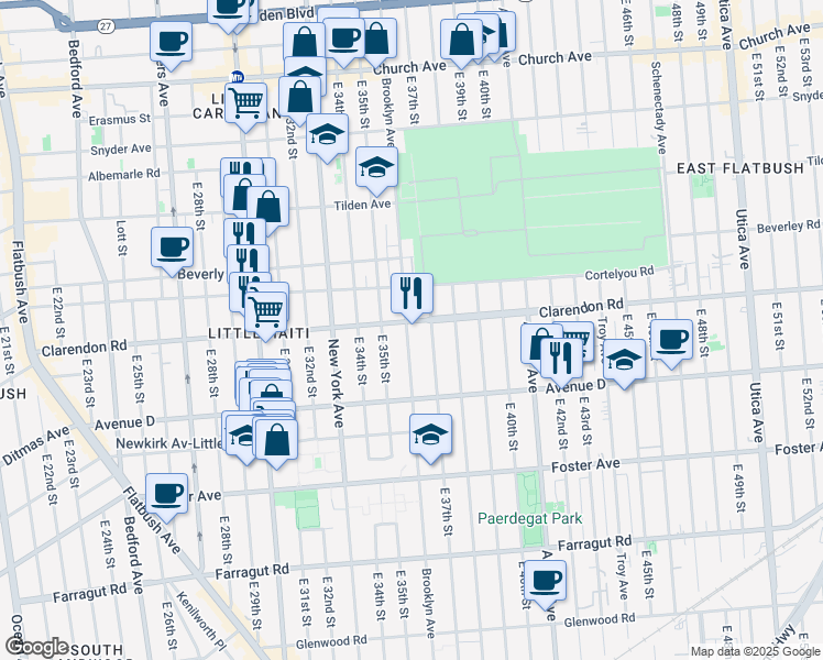 map of restaurants, bars, coffee shops, grocery stores, and more near 3602 Clarendon Road in Brooklyn