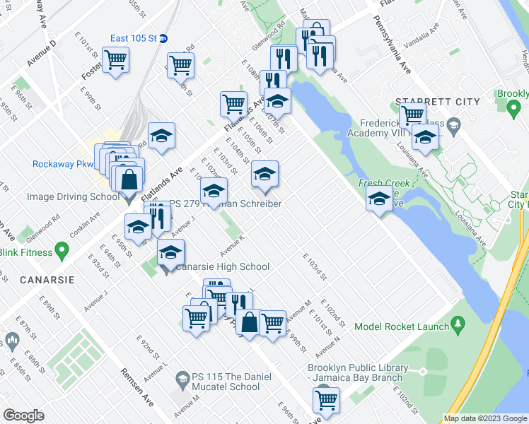map of restaurants, bars, coffee shops, grocery stores, and more near 1070 East 104th Street in Brooklyn