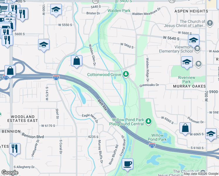 map of restaurants, bars, coffee shops, grocery stores, and more near 1142 West 5840 South in Murray