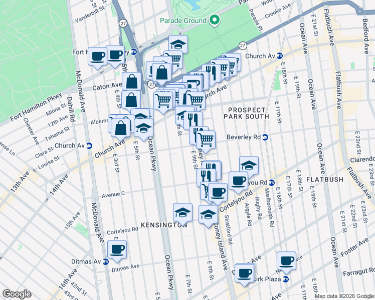 map of restaurants, bars, coffee shops, grocery stores, and more near 823 Beverley Road in Brooklyn