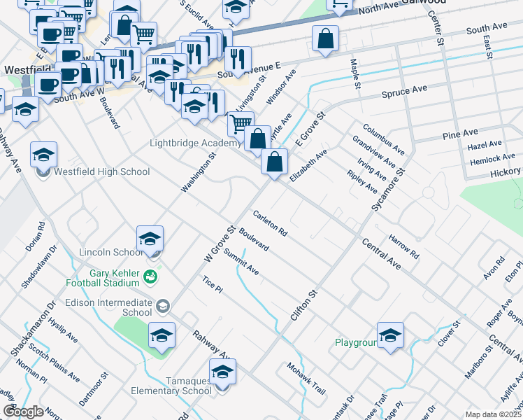 map of restaurants, bars, coffee shops, grocery stores, and more near 127 West Grove Street in Westfield