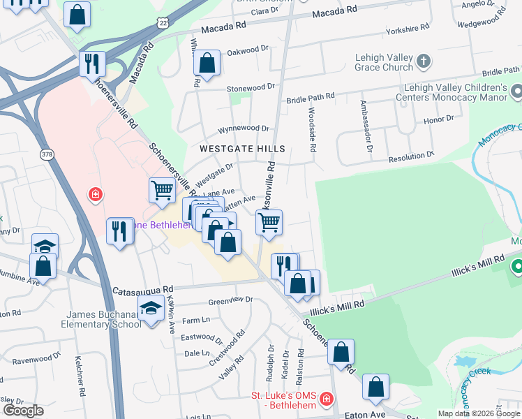 map of restaurants, bars, coffee shops, grocery stores, and more near 1350 Statten Avenue in Bethlehem