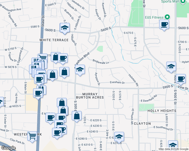 map of restaurants, bars, coffee shops, grocery stores, and more near 5807 Ayrshire Drive in Murray
