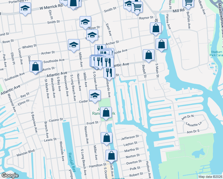 map of restaurants, bars, coffee shops, grocery stores, and more near 383 Guy Lombardo Avenue in Freeport
