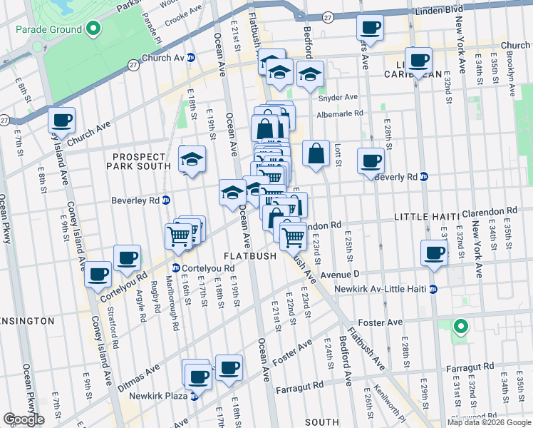 map of restaurants, bars, coffee shops, grocery stores, and more near 420 East 21st Street in Brooklyn