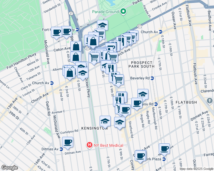 map of restaurants, bars, coffee shops, grocery stores, and more near 823 Beverley Road in Brooklyn