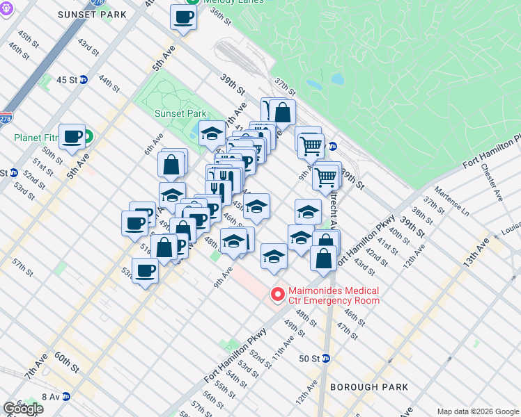 map of restaurants, bars, coffee shops, grocery stores, and more near 832 44th Street in Brooklyn
