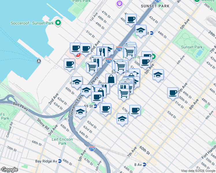 map of restaurants, bars, coffee shops, grocery stores, and more near 359 55th Street in Brooklyn