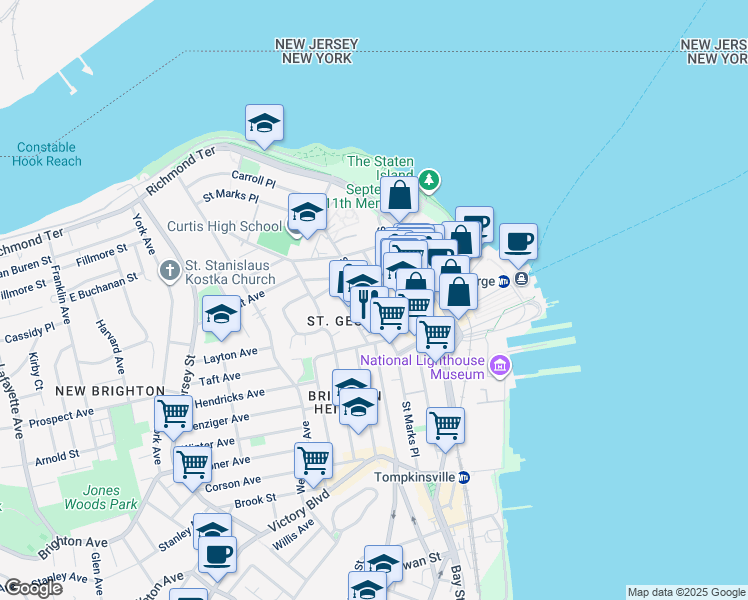 map of restaurants, bars, coffee shops, grocery stores, and more near 34 Academy Place in Staten Island