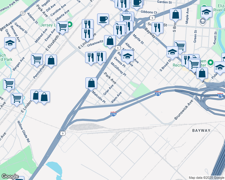 map of restaurants, bars, coffee shops, grocery stores, and more near 800 Park Avenue in Linden