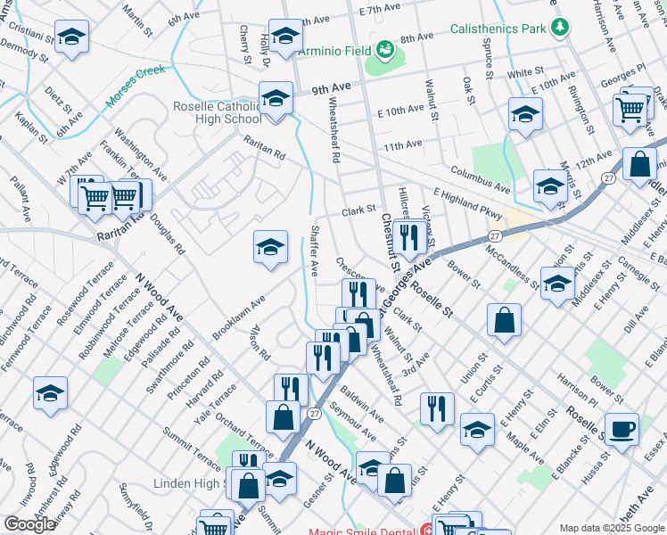 map of restaurants, bars, coffee shops, grocery stores, and more near 1281 Crescent Avenue in Roselle
