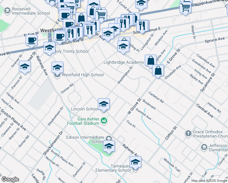 map of restaurants, bars, coffee shops, grocery stores, and more near 314 Washington Street in Westfield