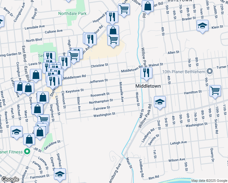 map of restaurants, bars, coffee shops, grocery stores, and more near 3023 Keystone Street in Bethlehem