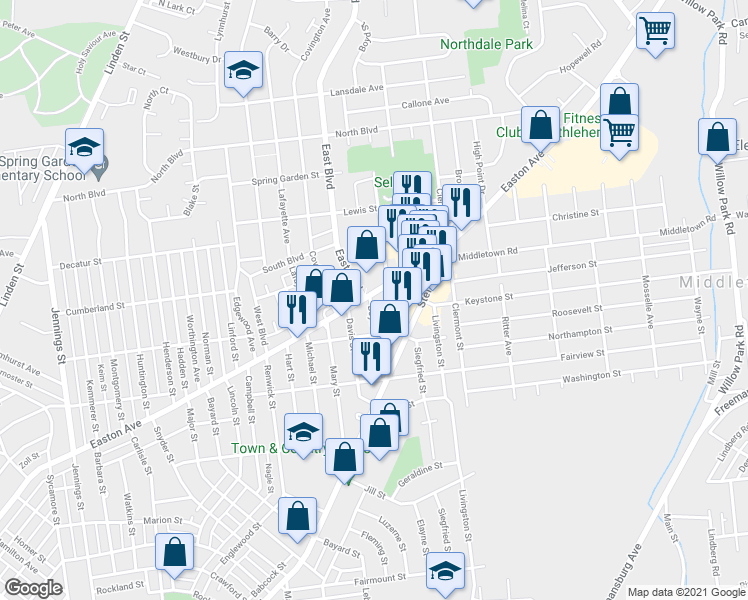 map of restaurants, bars, coffee shops, grocery stores, and more near 2525 Easton Avenue in Bethlehem