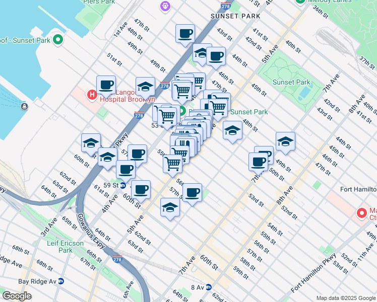 map of restaurants, bars, coffee shops, grocery stores, and more near 5304-5308 5th Avenue in Brooklyn