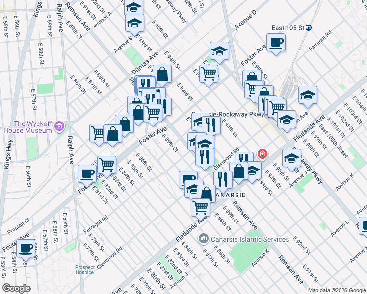 map of restaurants, bars, coffee shops, grocery stores, and more near 1023 Remsen Avenue in Brooklyn