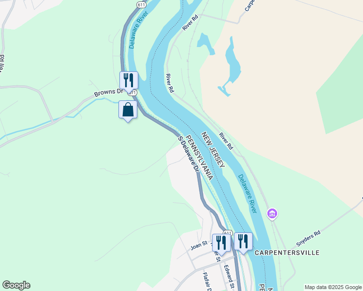 map of restaurants, bars, coffee shops, grocery stores, and more near 1790 South Delaware Drive in Raubsville