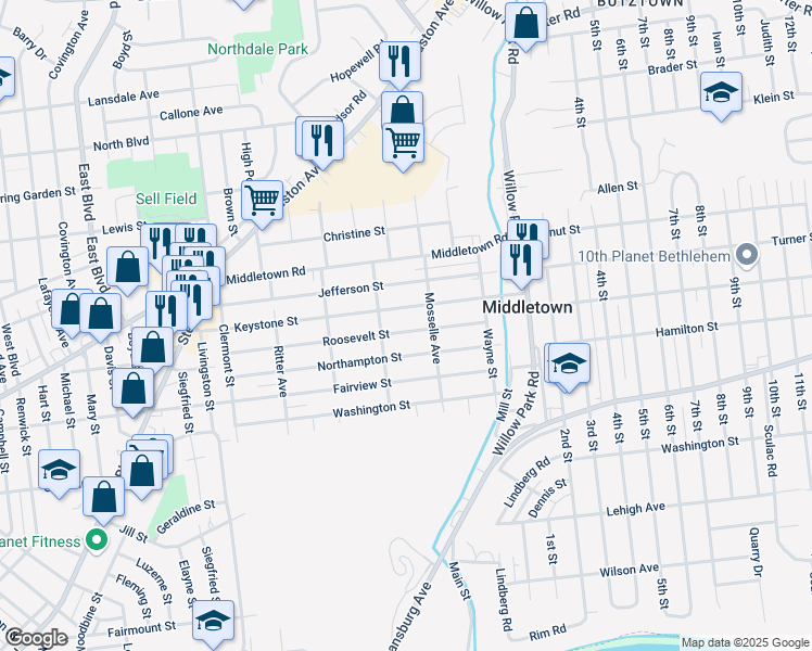 map of restaurants, bars, coffee shops, grocery stores, and more near 3023 Keystone Street in Bethlehem