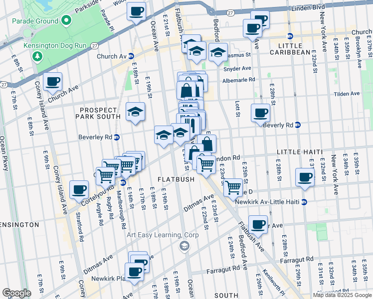 map of restaurants, bars, coffee shops, grocery stores, and more near 439 East 21st Street in Brooklyn