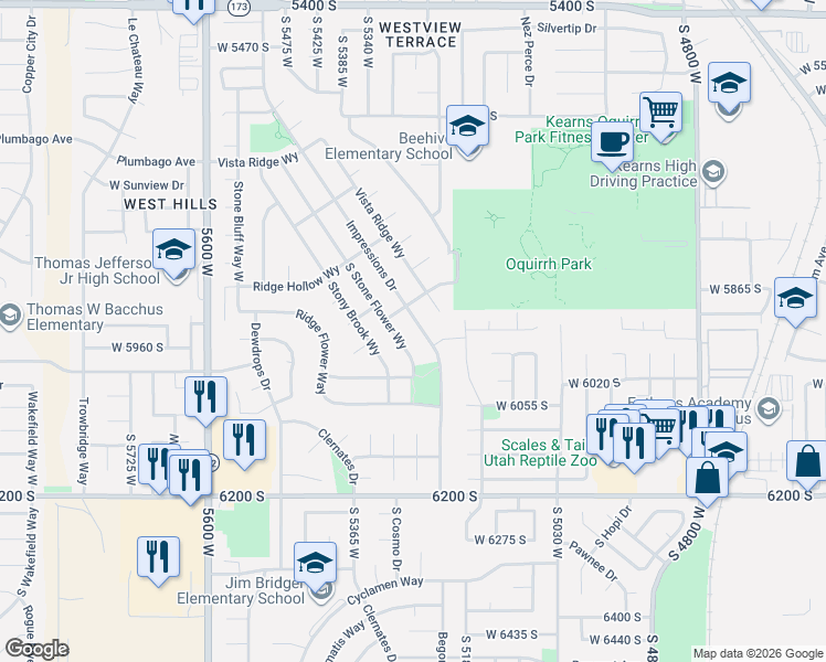 map of restaurants, bars, coffee shops, grocery stores, and more near 5922 Impressions Drive in Salt Lake City