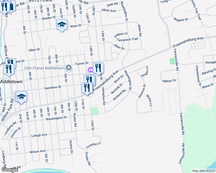 map of restaurants, bars, coffee shops, grocery stores, and more near 3933 Birch Drive in Bethlehem