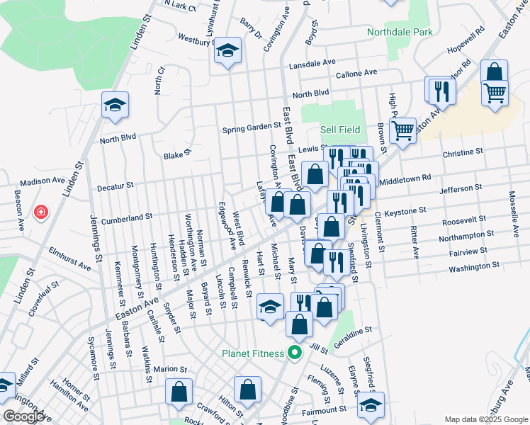 map of restaurants, bars, coffee shops, grocery stores, and more near 2135 Lafayette Avenue in Bethlehem