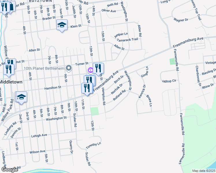 map of restaurants, bars, coffee shops, grocery stores, and more near 3933 Birch Drive in Bethlehem